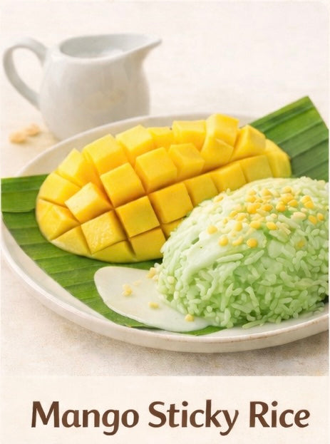 Mango Sticky Rice on a white plate with a small pitcher of sauce.