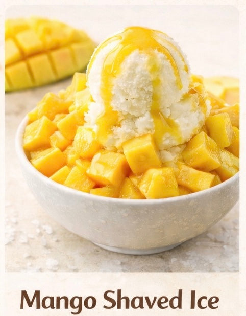 Bowl of mango shaved ice with a scoop of vanilla ice cream on a light background