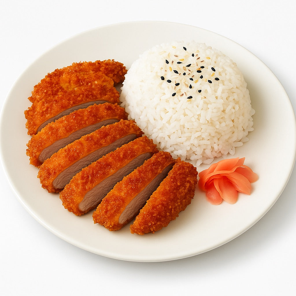 Plated dish of breaded meat with white rice and pickled radish on a white background