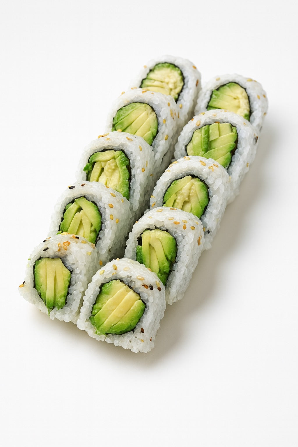Avocado sushi rolls on a white background