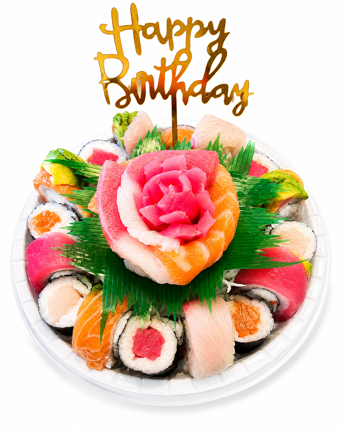A white disposable plate filled with assorted sushi pieces arranged in a circle, featuring a large pink tuna rose centerpiece, green leaf garnish, and a gold 'Happy Birthday' script topper on a white background.