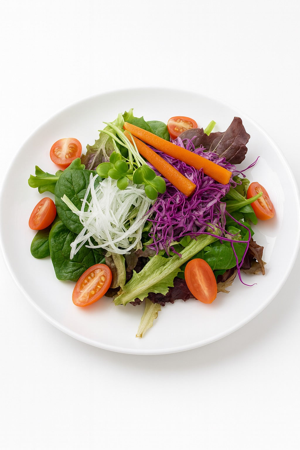 Assorted salad with greens, tomatoes, carrots, and purple cabbage on a white plate.