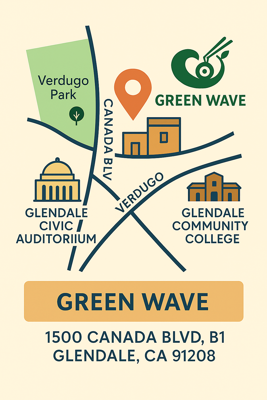 Map of Glendale with Green Wave location and nearby landmarks on a beige background