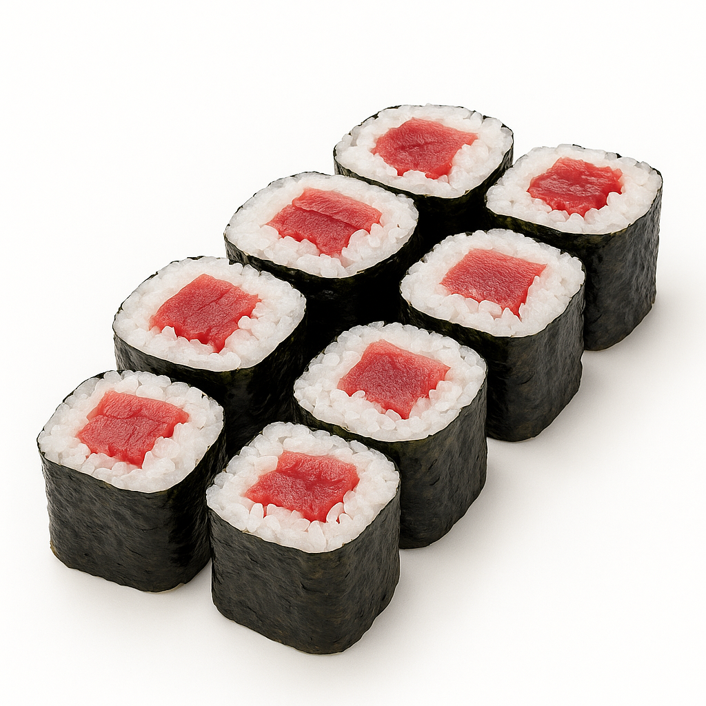 Eight pieces of sushi with tuna and rice on a white background