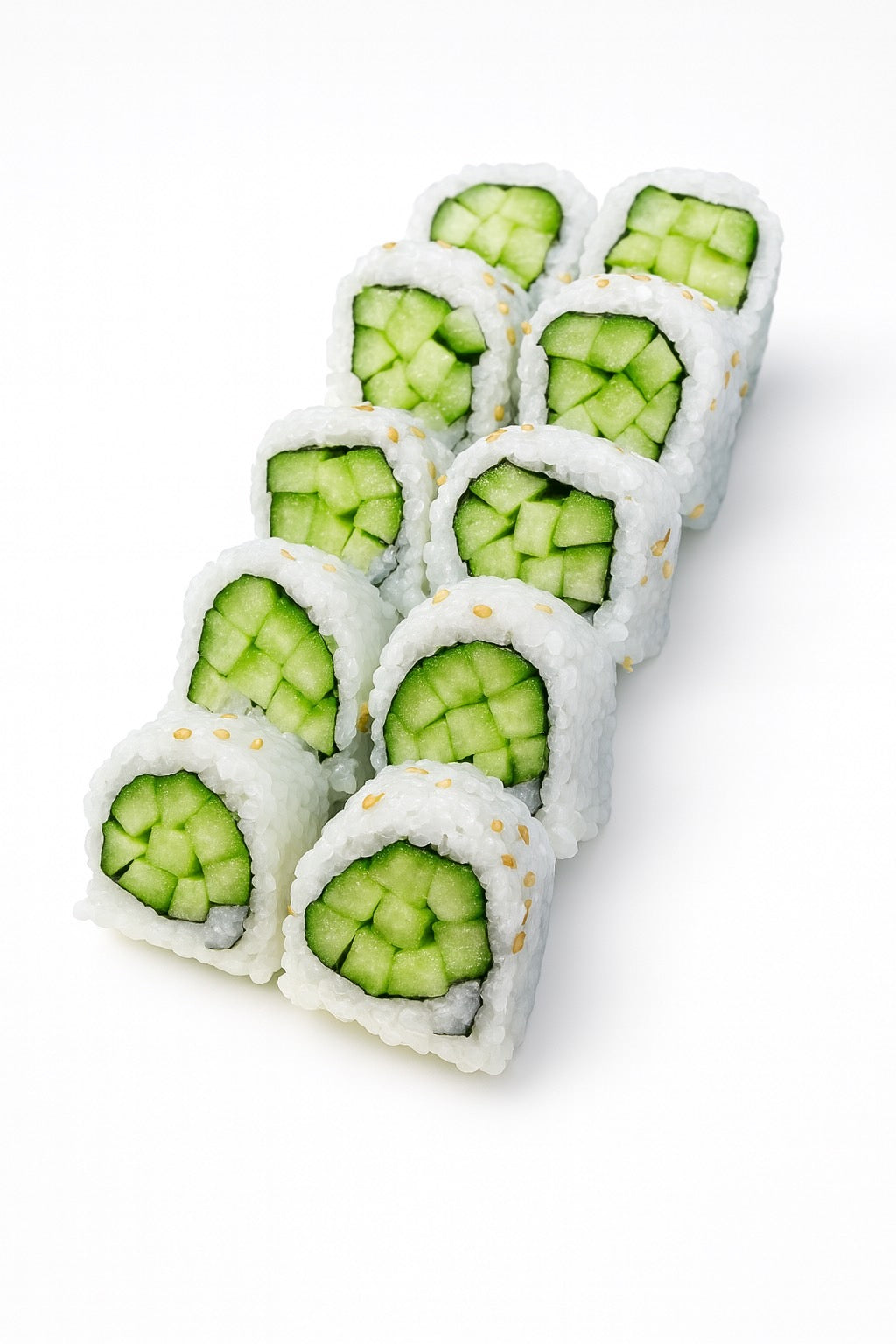 Roll of sushi with cucumber slices on a white background