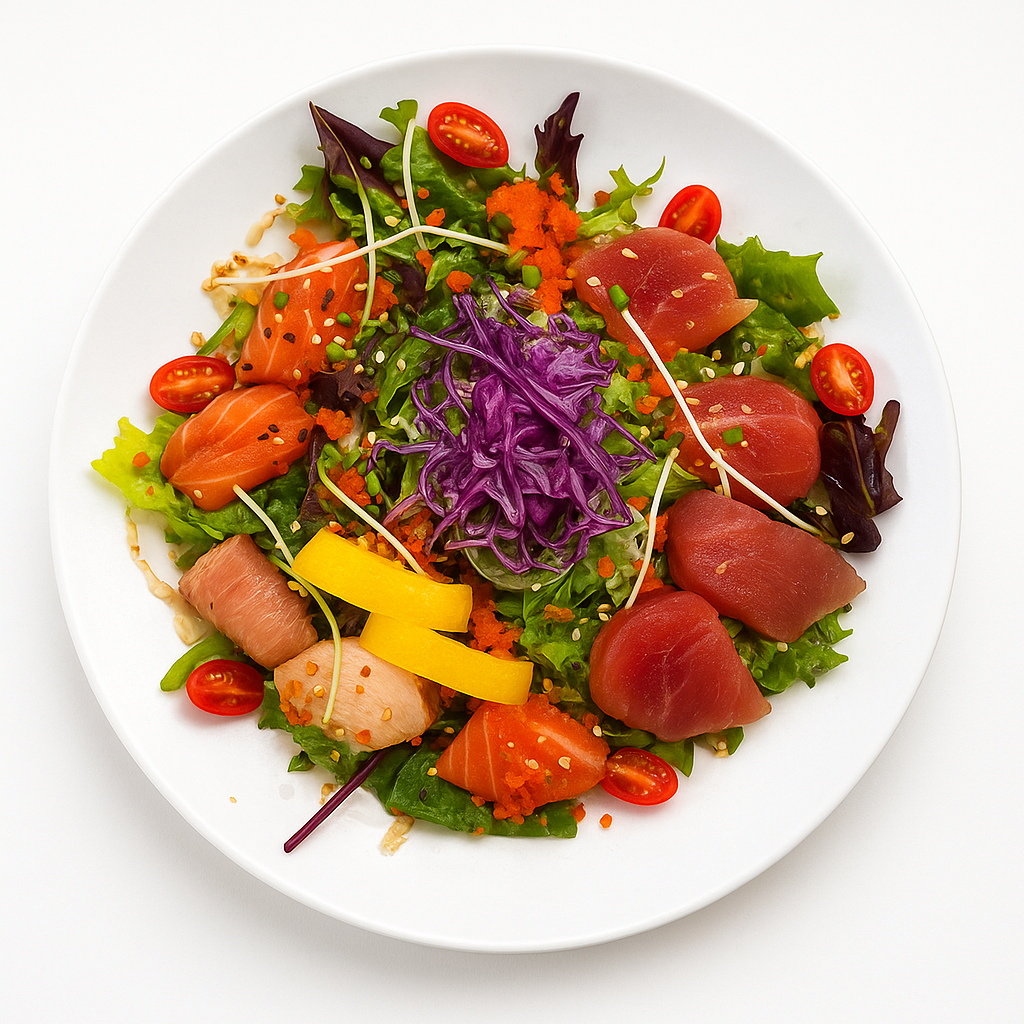 Colorful salad with tuna, salmon, yellowtail and vegetables on a white plate