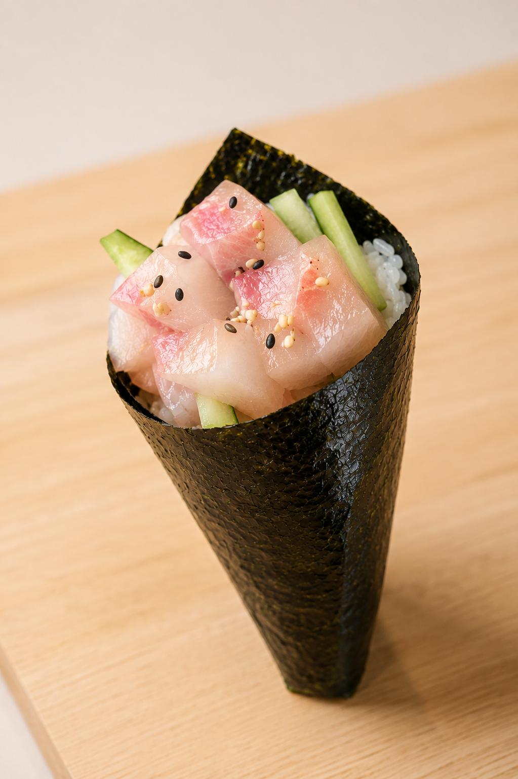 A single cone of sushi wrapped in dark seaweed, filled with pink fish, white rice, cucumber sticks, and sesame seeds, placed on a light wood surface.