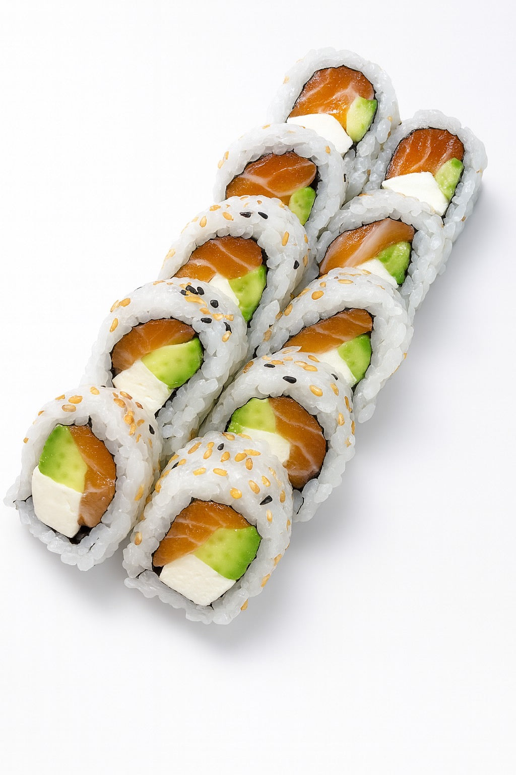 Roll of sushi with salmon, cream cheese and avocado on a white background