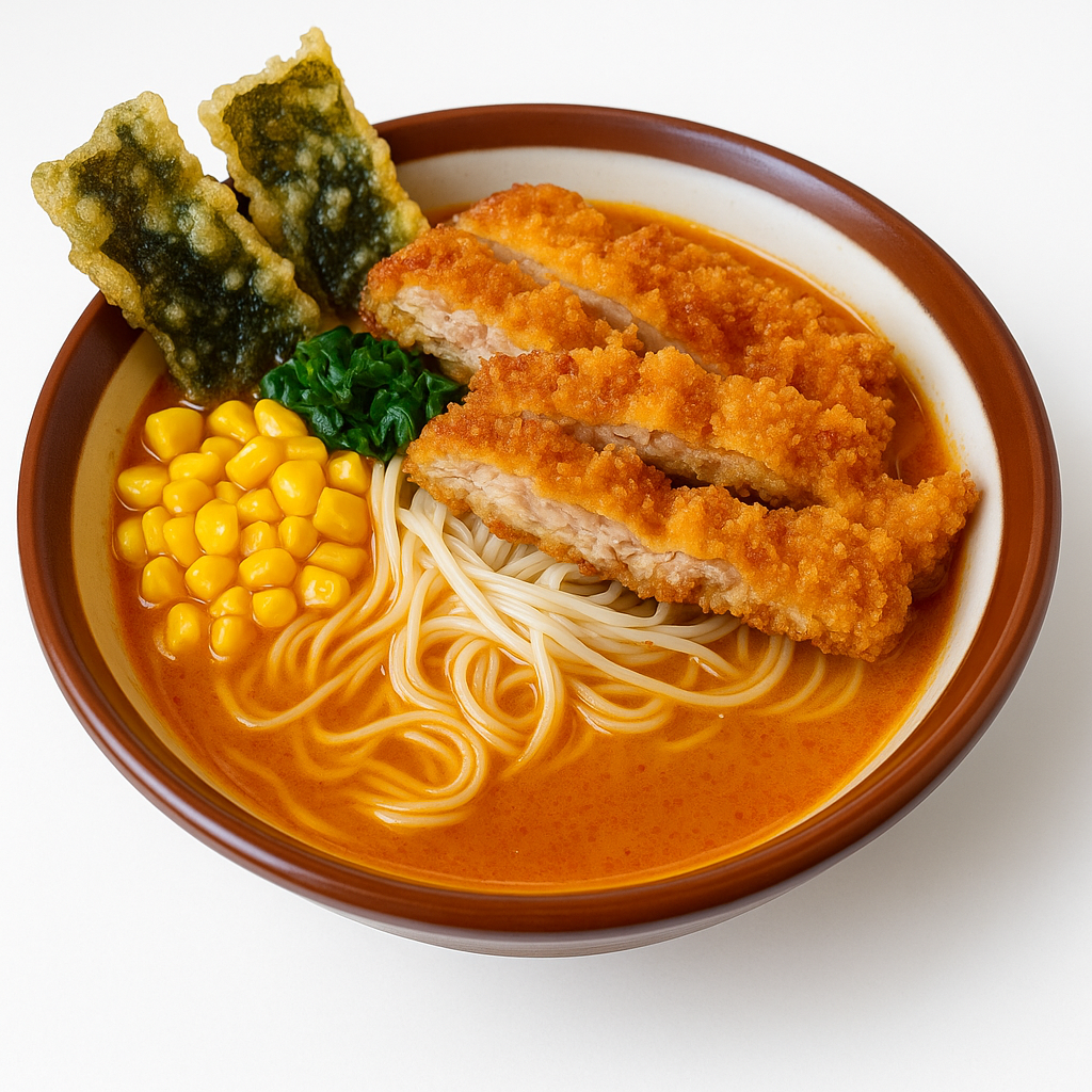 Bowl of ramen with fried pork cutlet, corn, and green vegetables on a white background