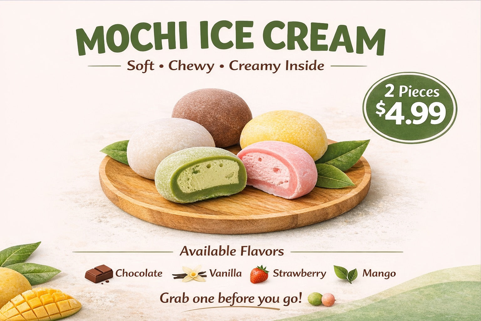 Mochi ice cream on a wooden board with a price tag and flavor options displayed.