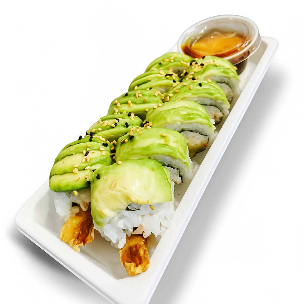 Avocado sushi rolls on a white plate with a small bowl of soy sauce.