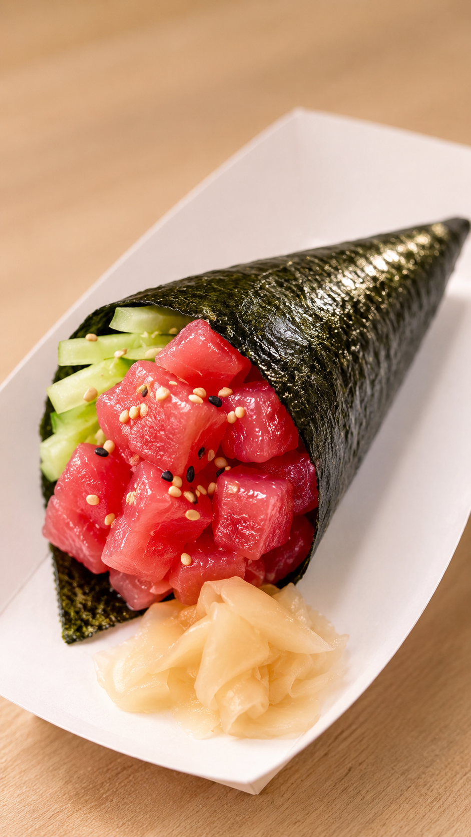 A cone-shaped tuna sushi wrap filled with pink tuna cubes, cucumber, and sesame seeds, served on a white plate over a light wood background.