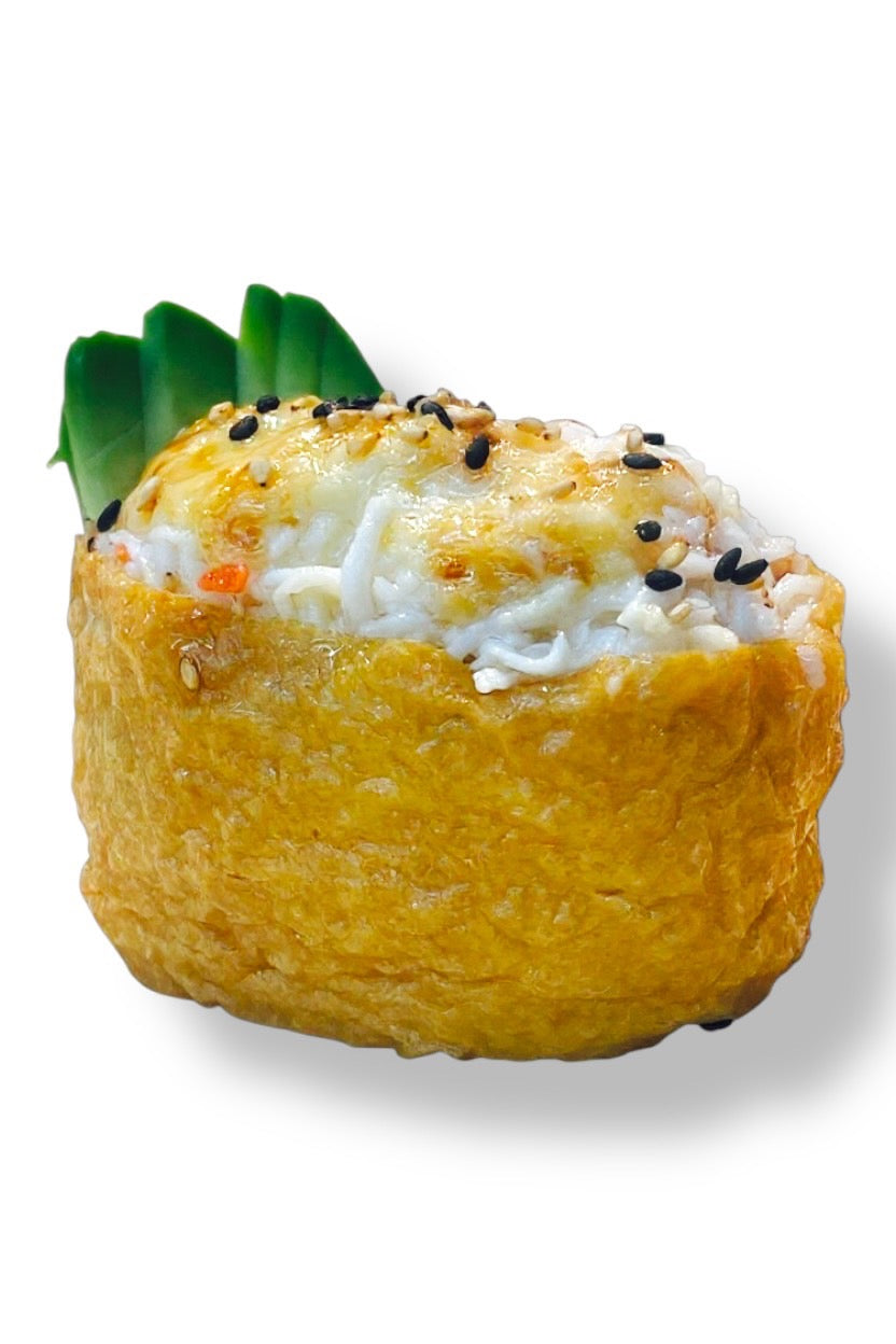 Roll of sushi with rice and crab meat on a white background