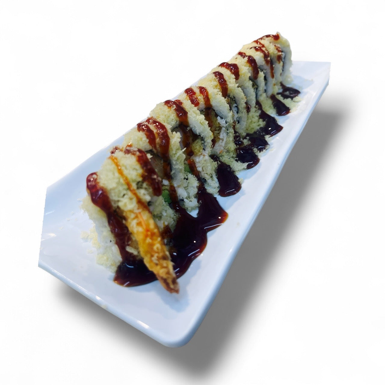 Crunchy roll sushi with shrimp tempura, crispy flakes, and sweet eel sauce drizzled on top — signature crunchy sushi roll from Green Wave.