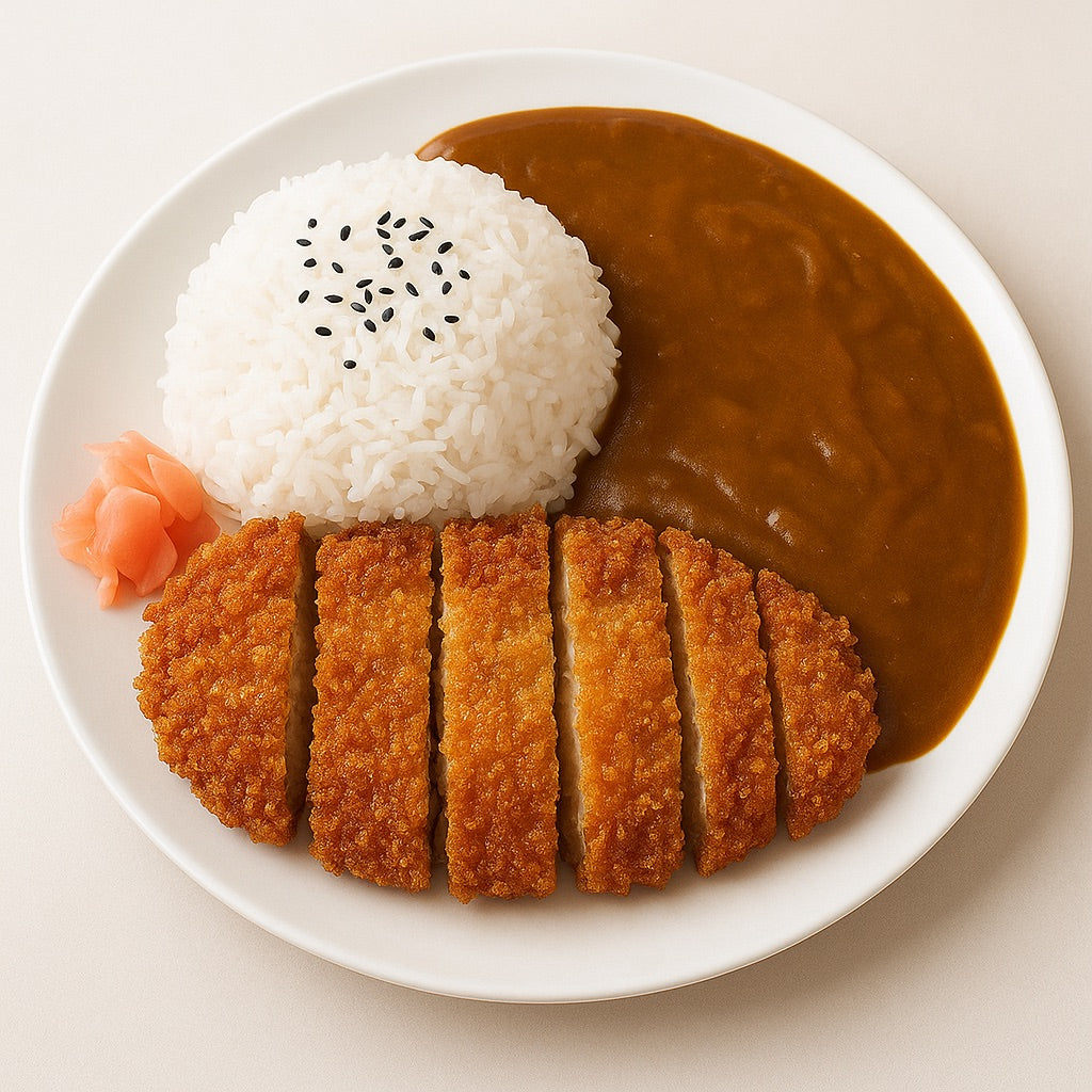 Katsu curry with rice and pickled ginger on a white plate