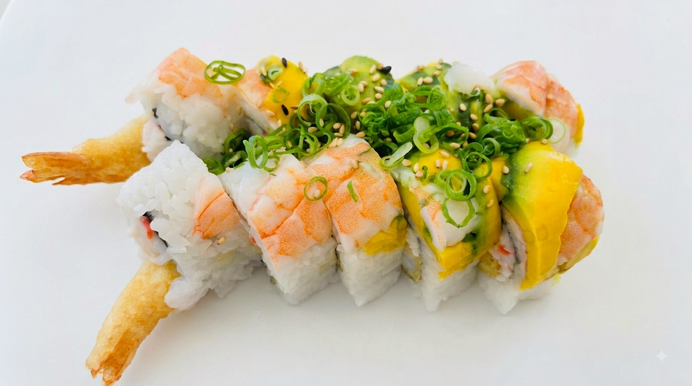 A close-up shot of a maki sushi roll filled with shrimp, topped with green onions, sesame seeds, and yellow sauce, served on a white plate.