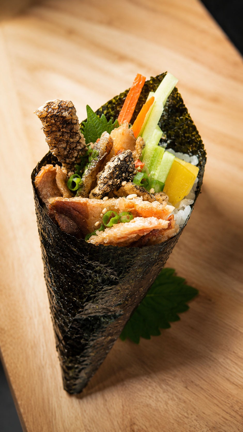 A gourmet sushi cone filled with crispy fried fish, seaweed, rice, cucumber, carrot, and yellow vegetable pieces, presented on a light wooden board.