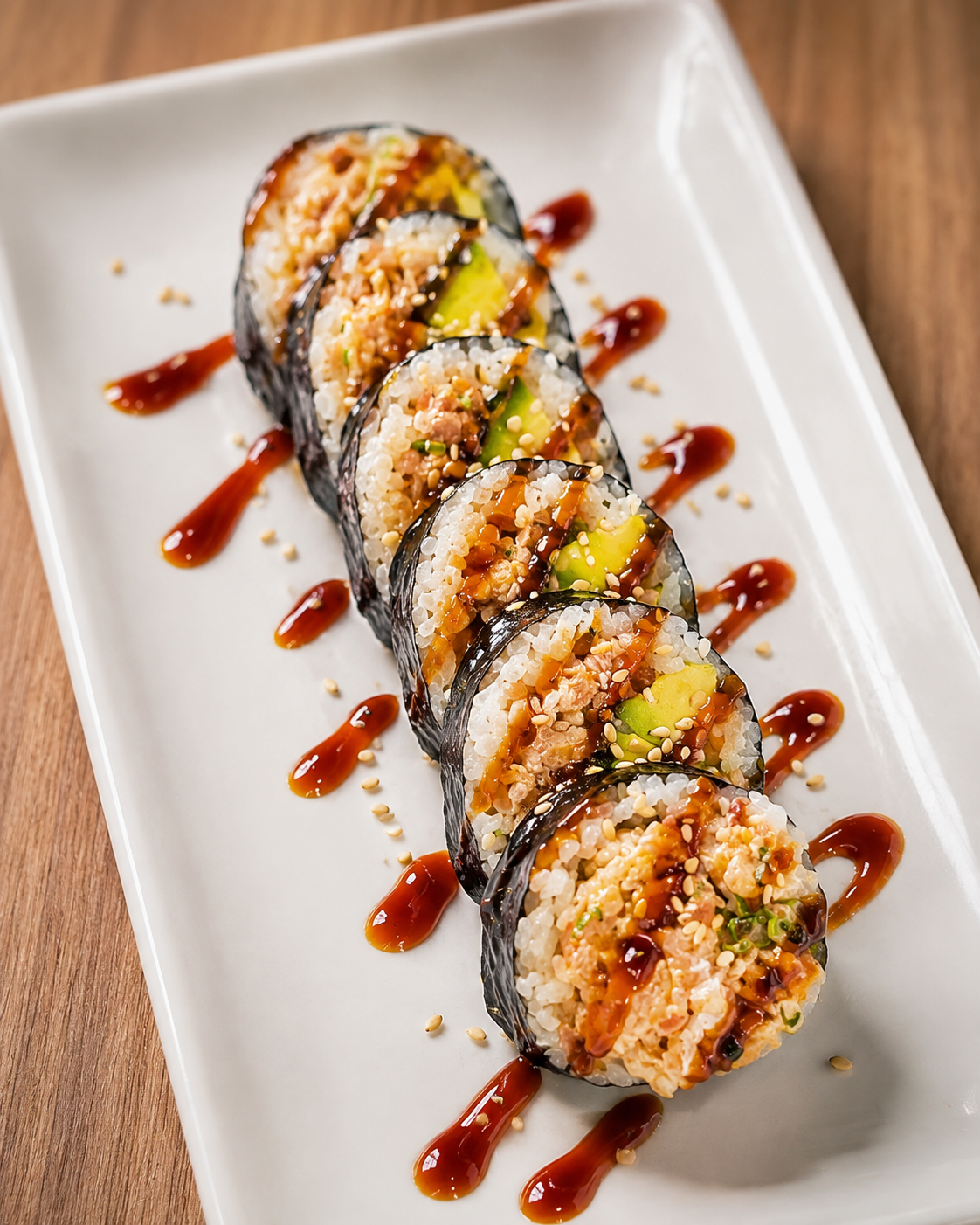 Six slices of gourmet maki sushi roll on a white rectangular plate, topped with sesame seeds, crispy fried flakes, avocado, and drizzles of dark sauce on a wooden table.