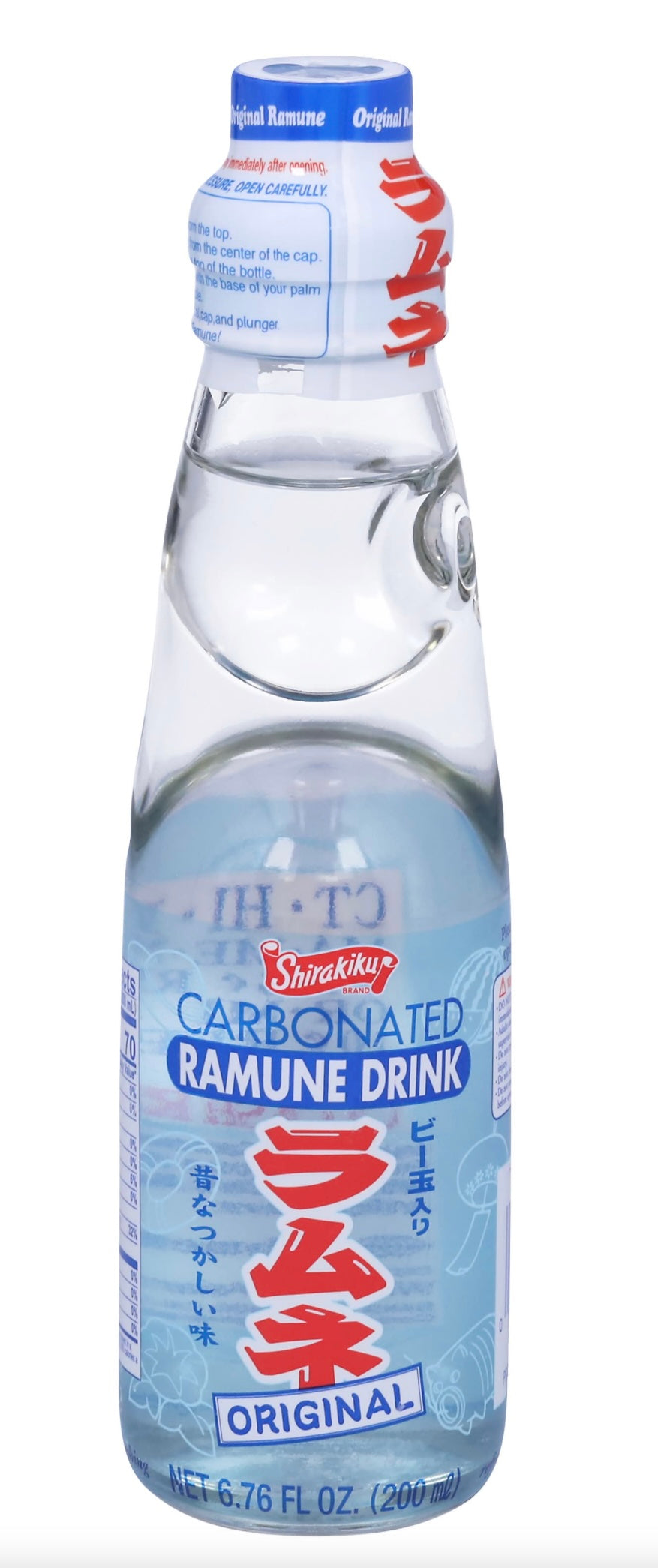 Clear bottle of Ramune drink with blue label on a white background