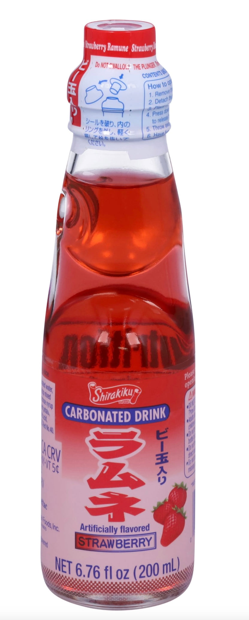 Bottle of strawberry-flavored carbonated drink with red cap on white background