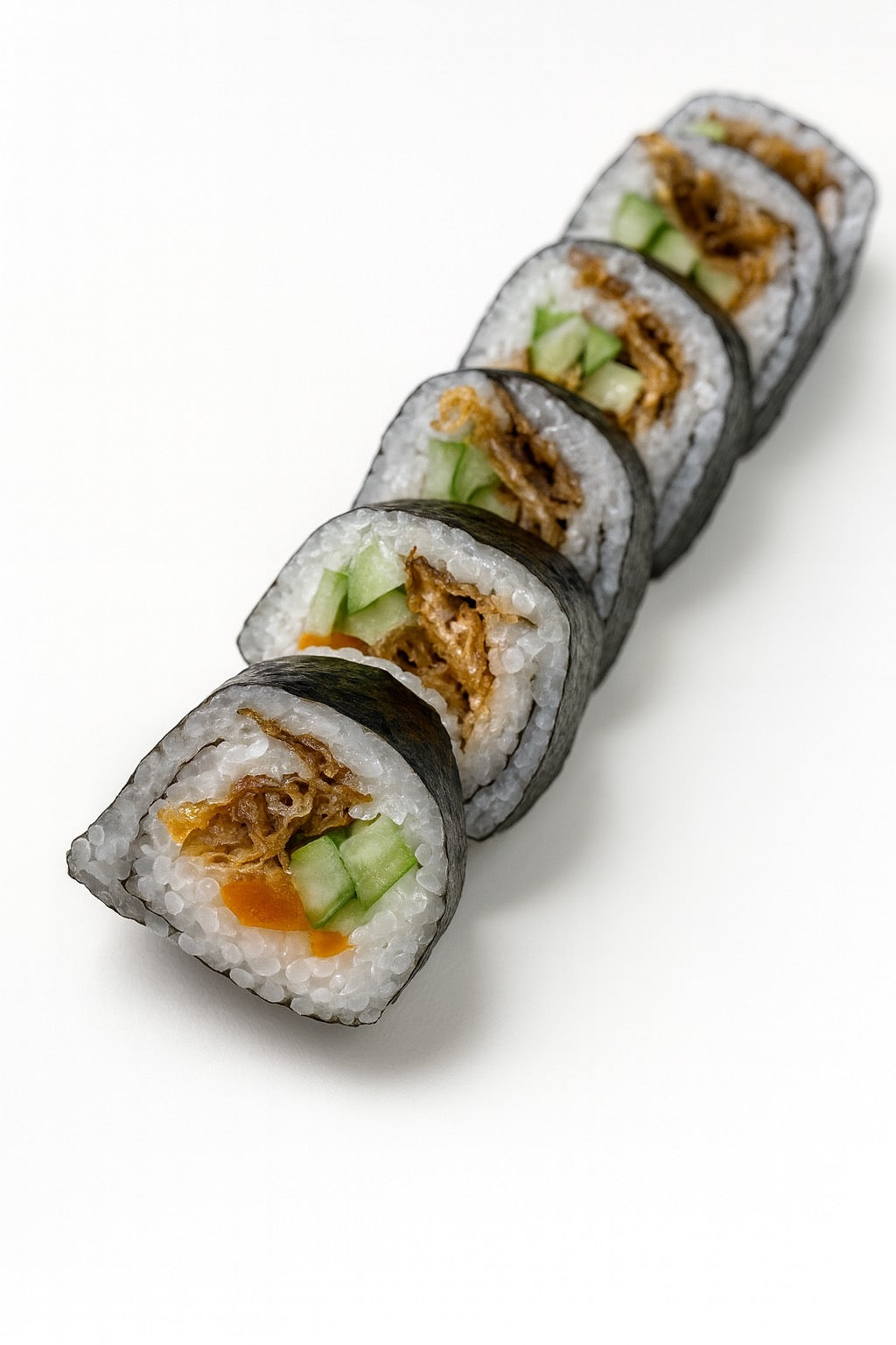 Rolls of sushi with various fillings on a white background