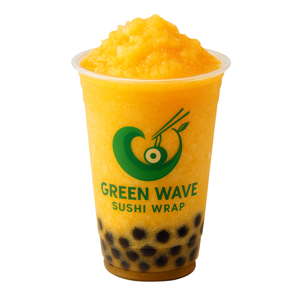 Orange smoothie with boba in a clear cup labeled 'Green Wave Sushi Wrap' on a white background