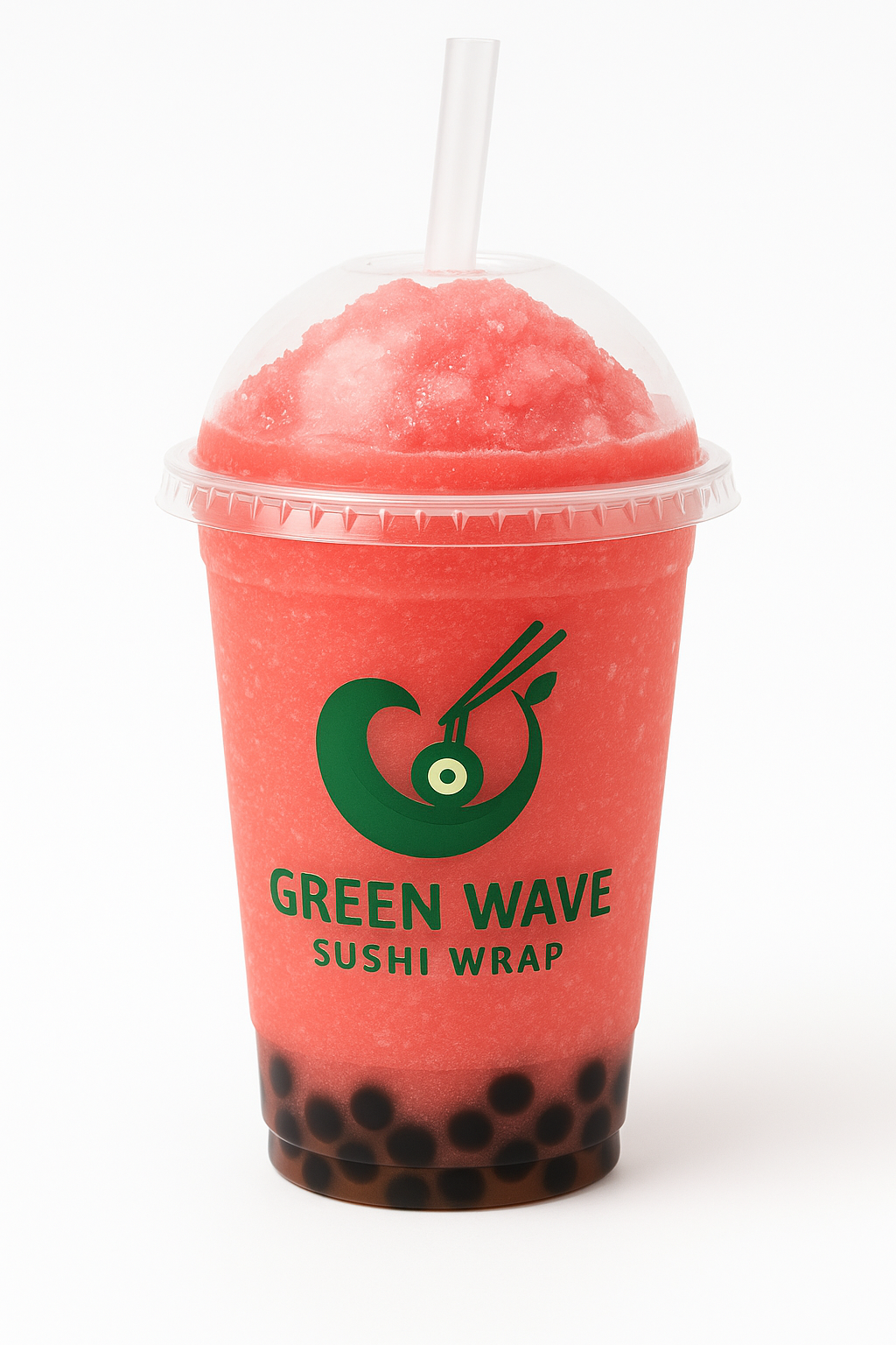 Red slushy drink with a straw in a clear cup, featuring the Green Wave Sushi Wrap logo.