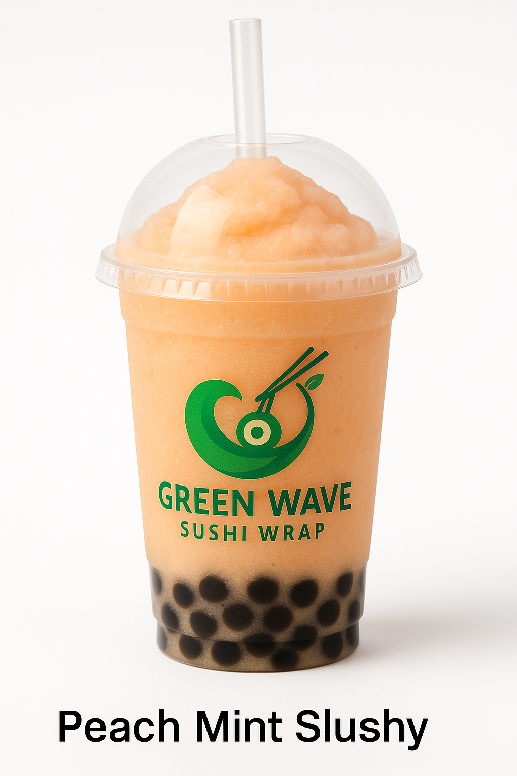 Peach mint slushy drink with boba from Green Wave Sushi Wrap on a white background