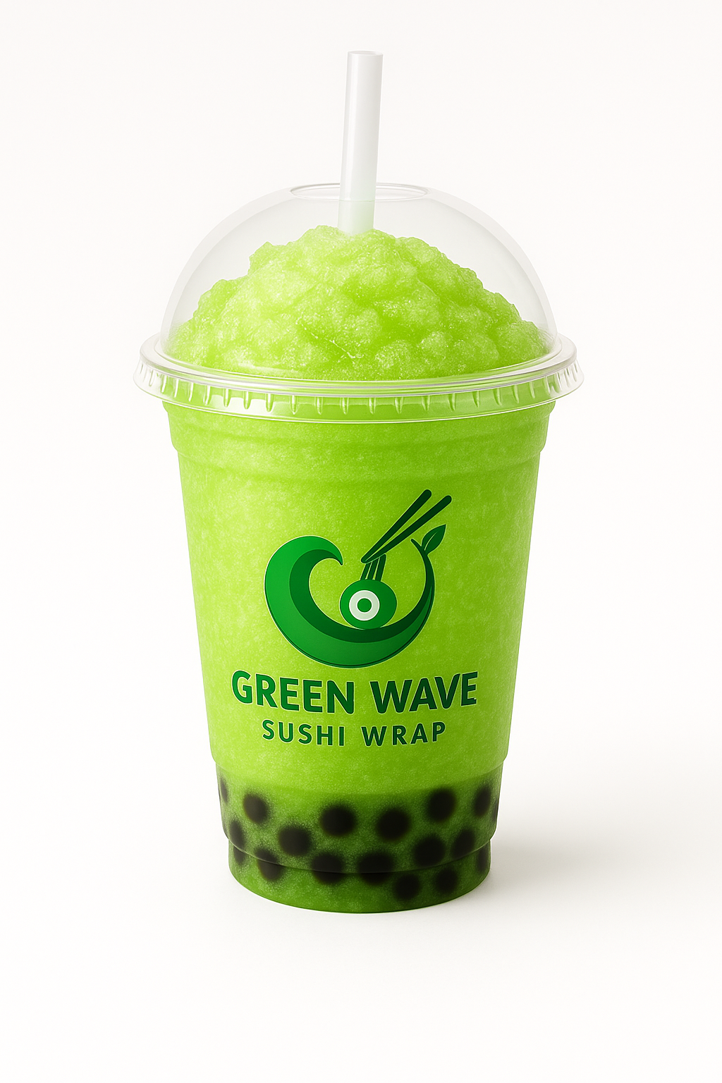 Green smoothie in a clear cup with a straw, branded 'Green Wave Sushi Wrap', on a white background