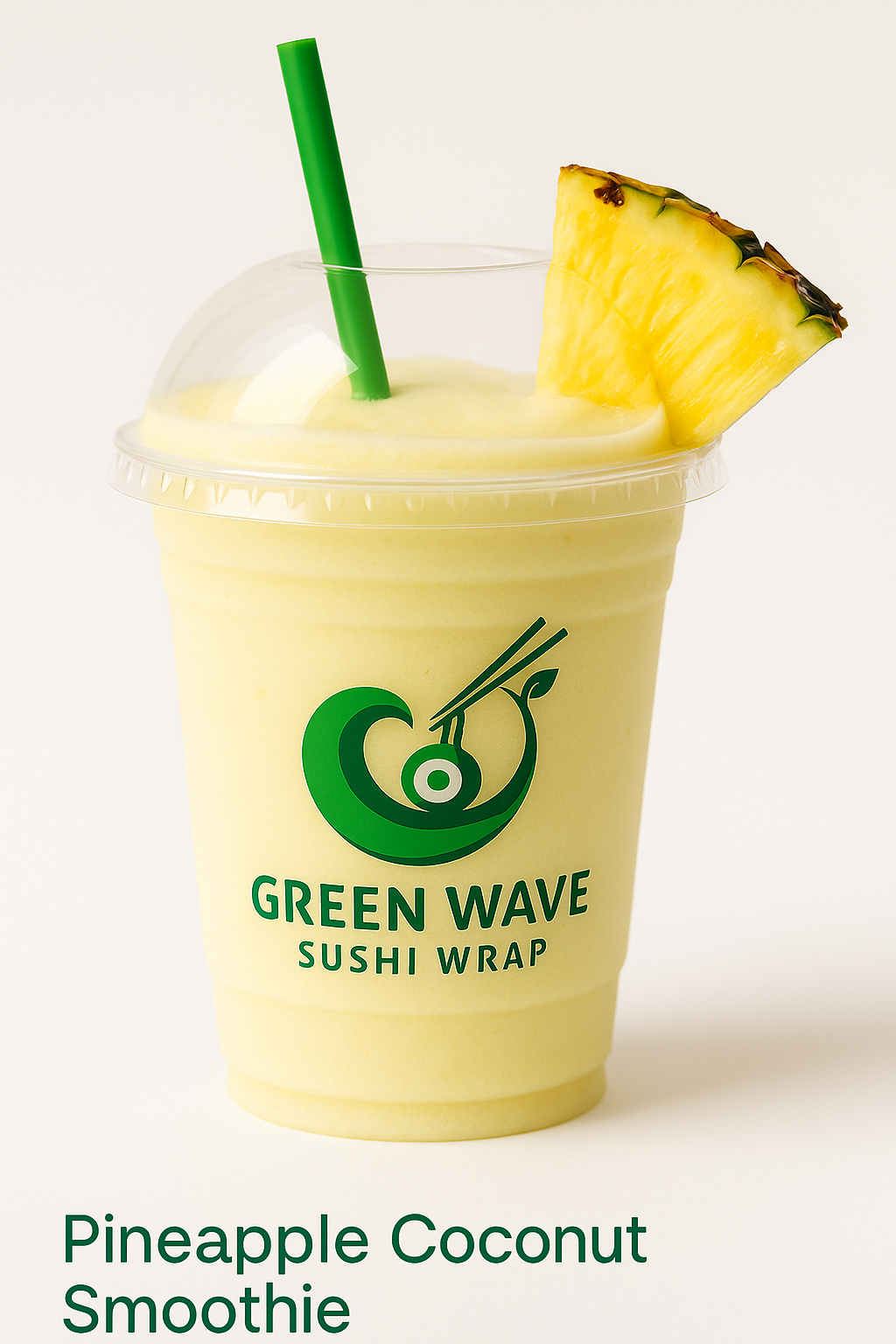 Pineapple Coconut Smoothie with a Green Wave Sushi Wrap logo on a white background