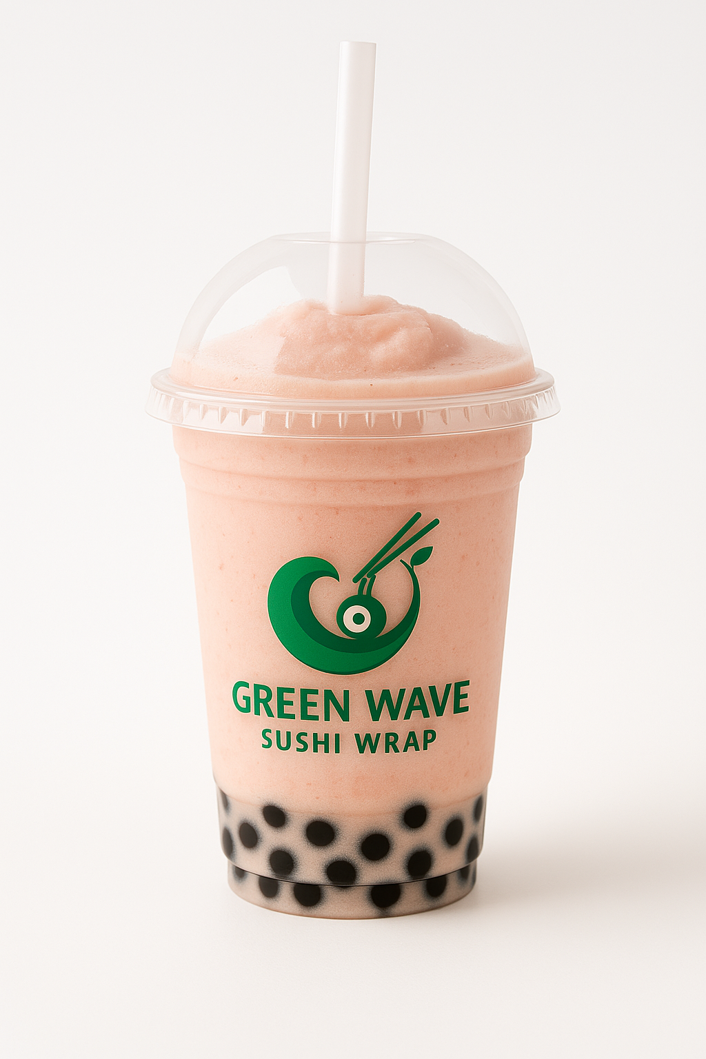 Pink bubble tea in a clear cup with a straw, branded 'Green Wave Sushi Wrap' on a white background.