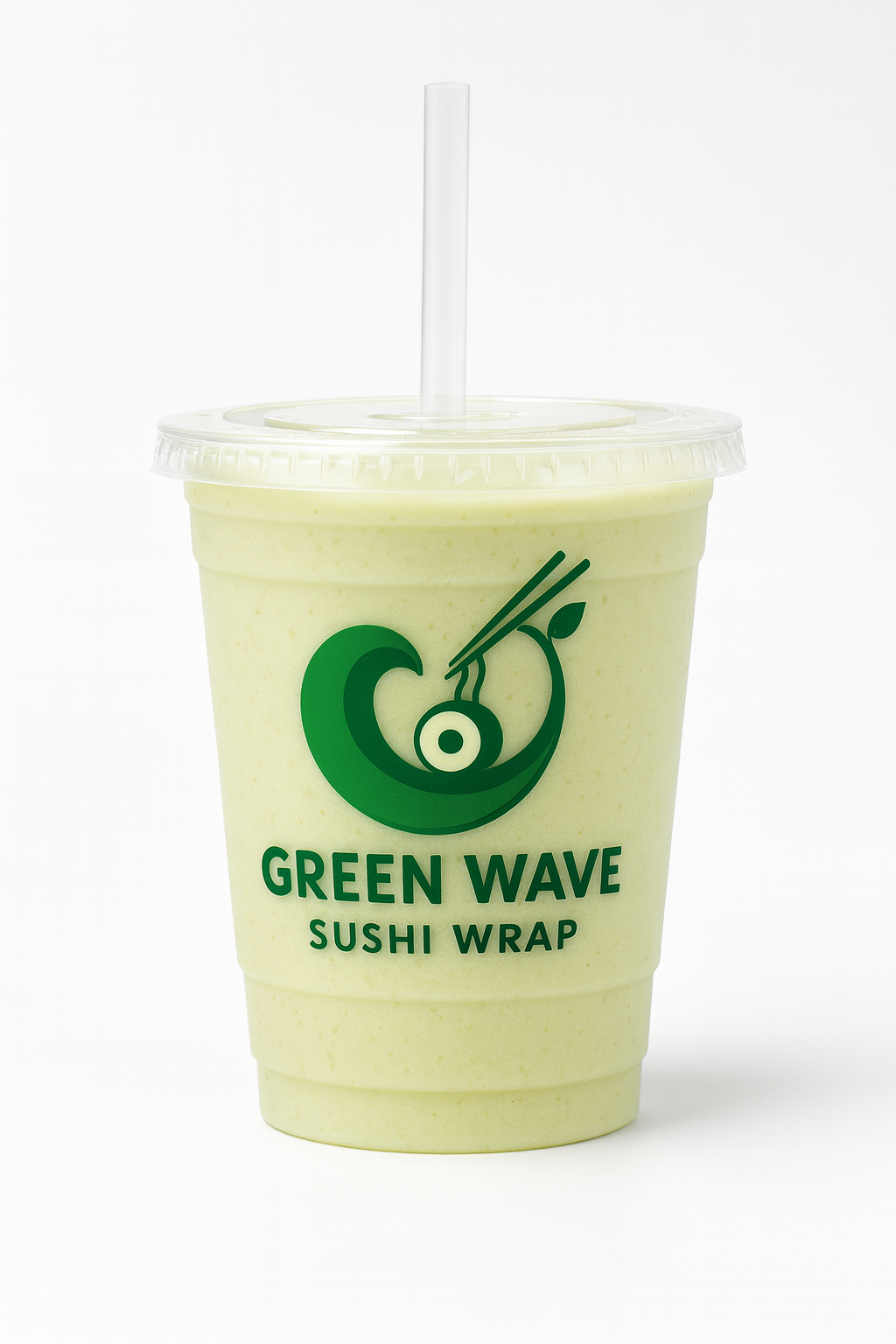 Green Wave Sushi Wrap drink in a clear cup with a straw on a white background