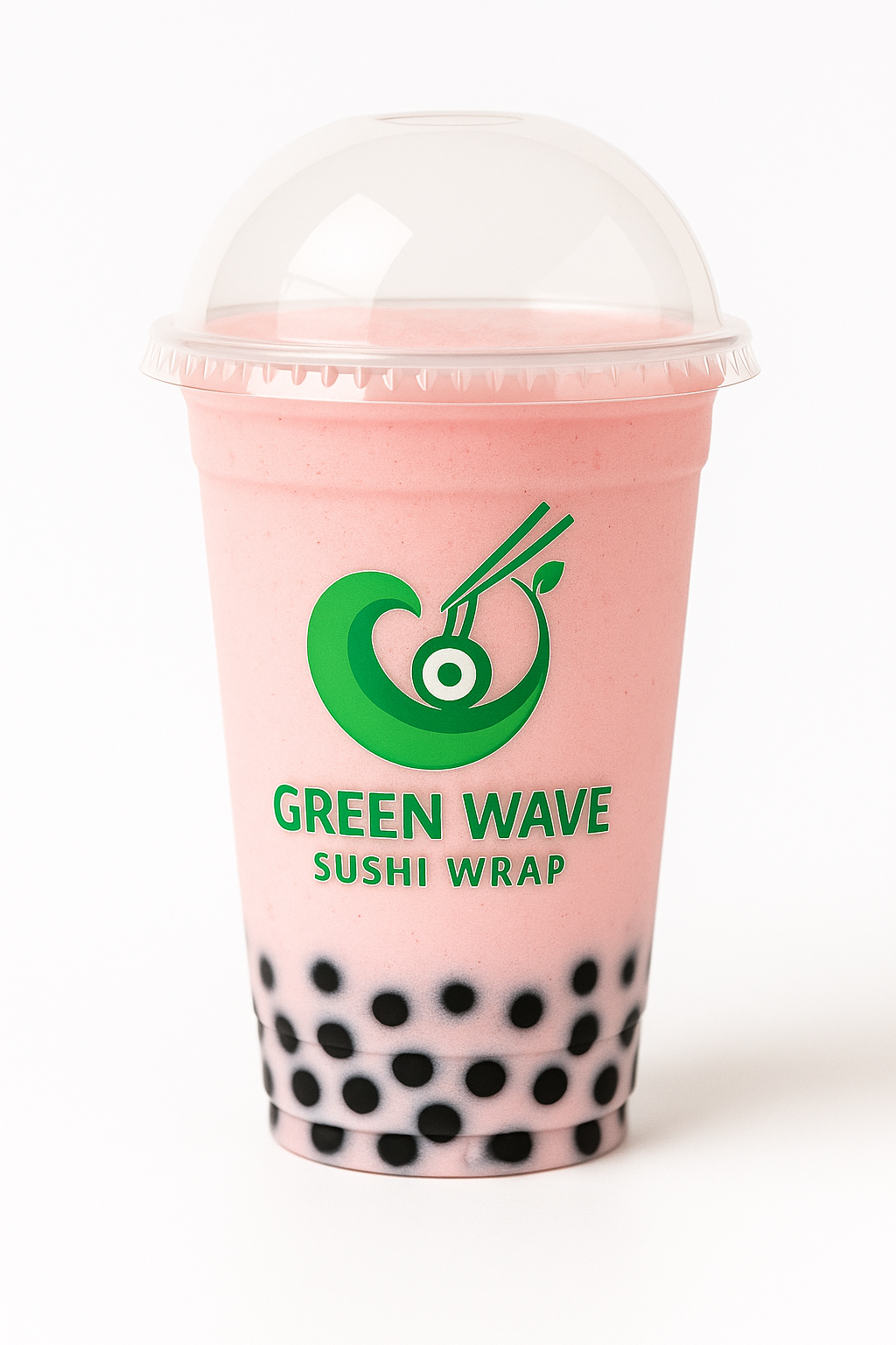 Pink bubble tea in a clear cup with a green wave logo on a white background