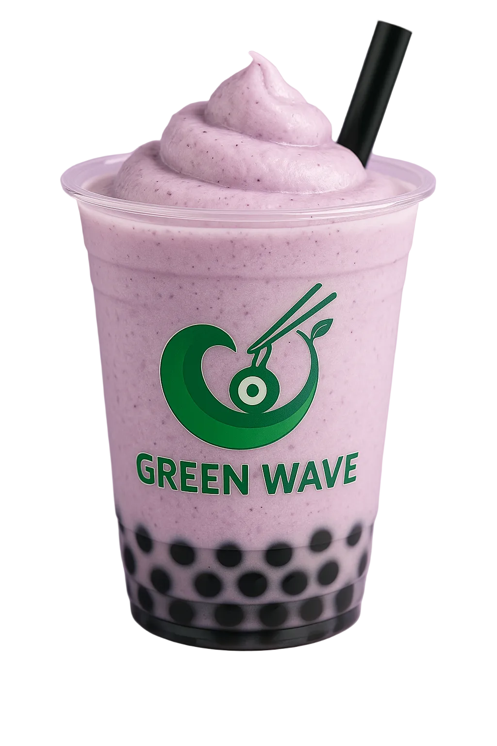 Pink bubble tea with a black straw in a clear cup with green wave logo on a light purple background