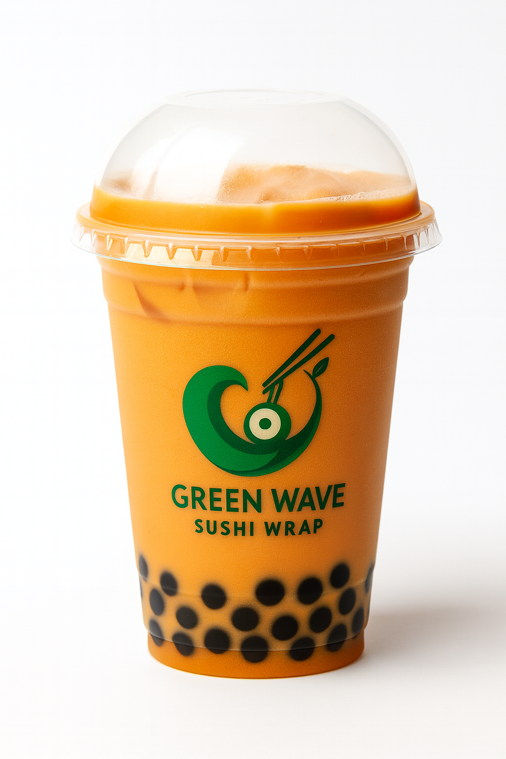 Orange cup with a clear lid containing a drink, featuring the Green Wave Sushi Wrap logo on a white background.