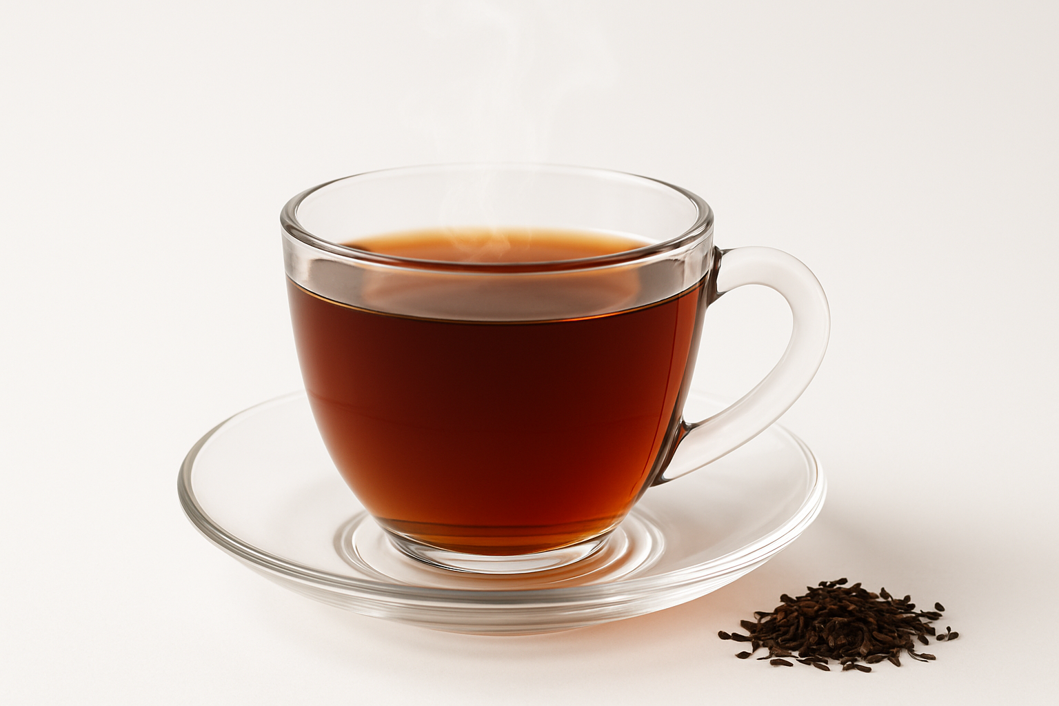 Clear glass cup filled with hot black tea with steam rising, on a white background.