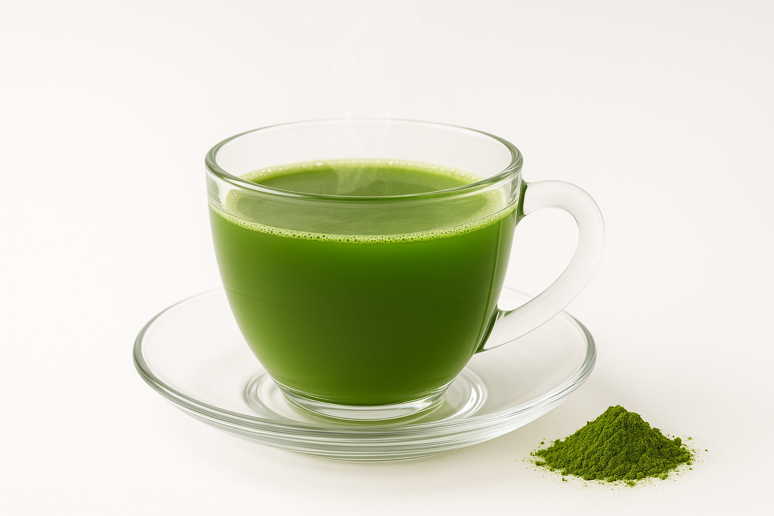 Glass cup of green matcha tea with a small pile of matcha powder on a white background