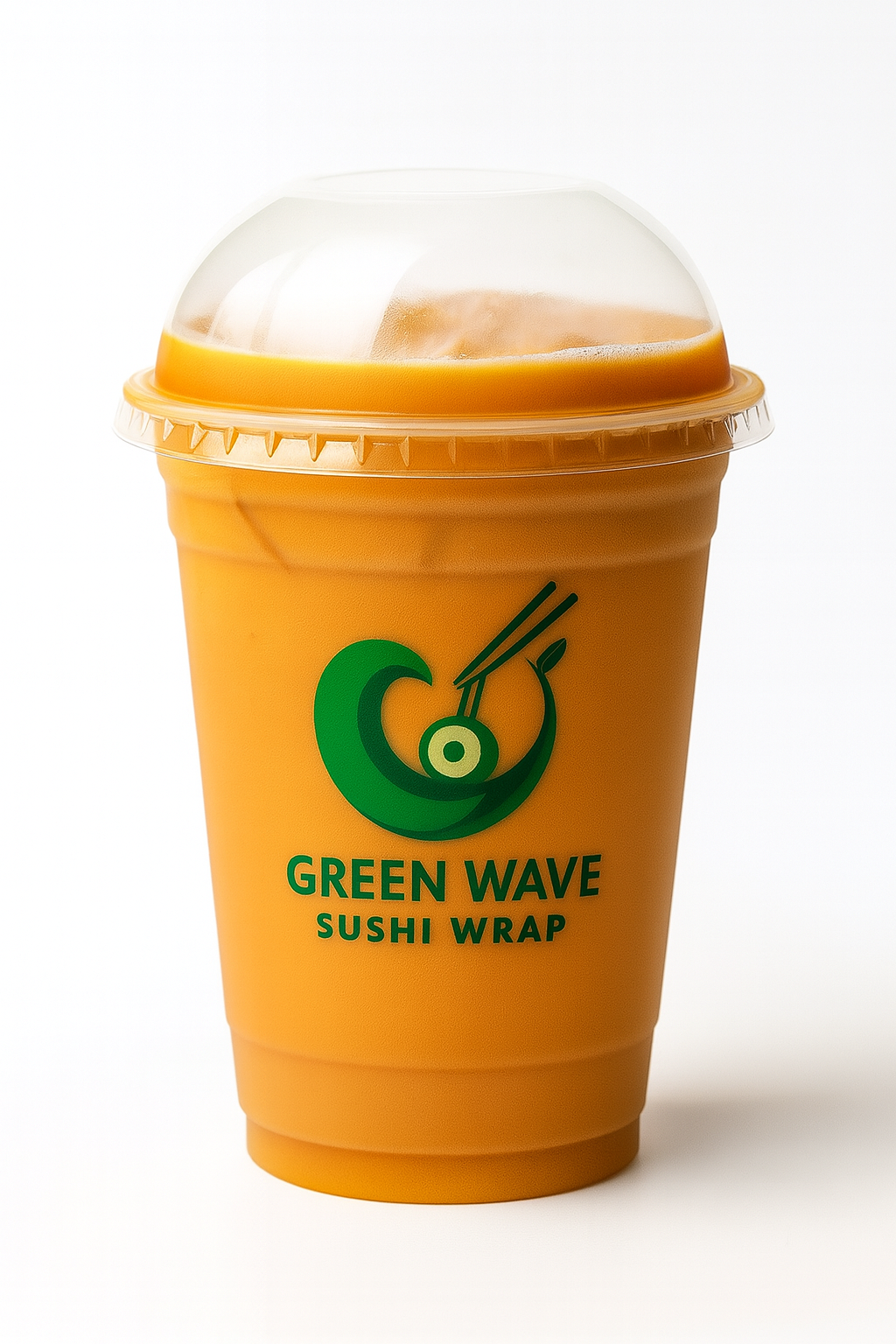 Orange cup with a clear lid featuring the 'Green Wave Sushi Wrap' logo on a white background.