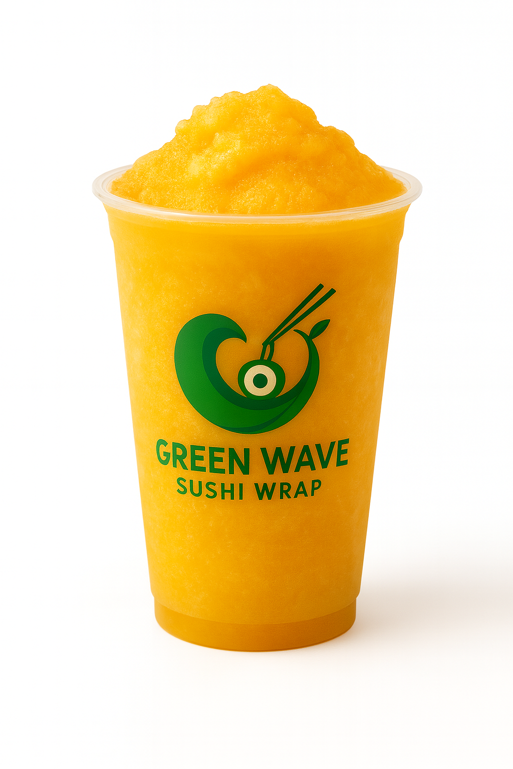 Yellow cup with a green wave logo and 'Green Wave Sushi Wrap' text, filled with a yellow dessert.