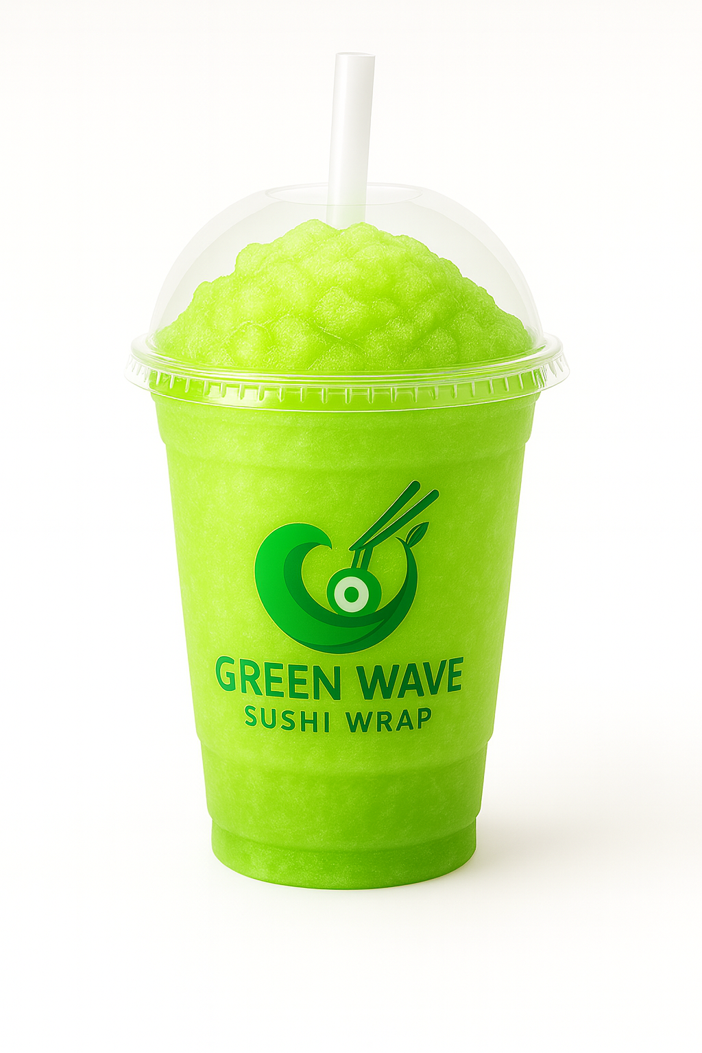 Green smoothie in a cup with a straw, branded 'Green Wave Sushi Wrap' on a white background