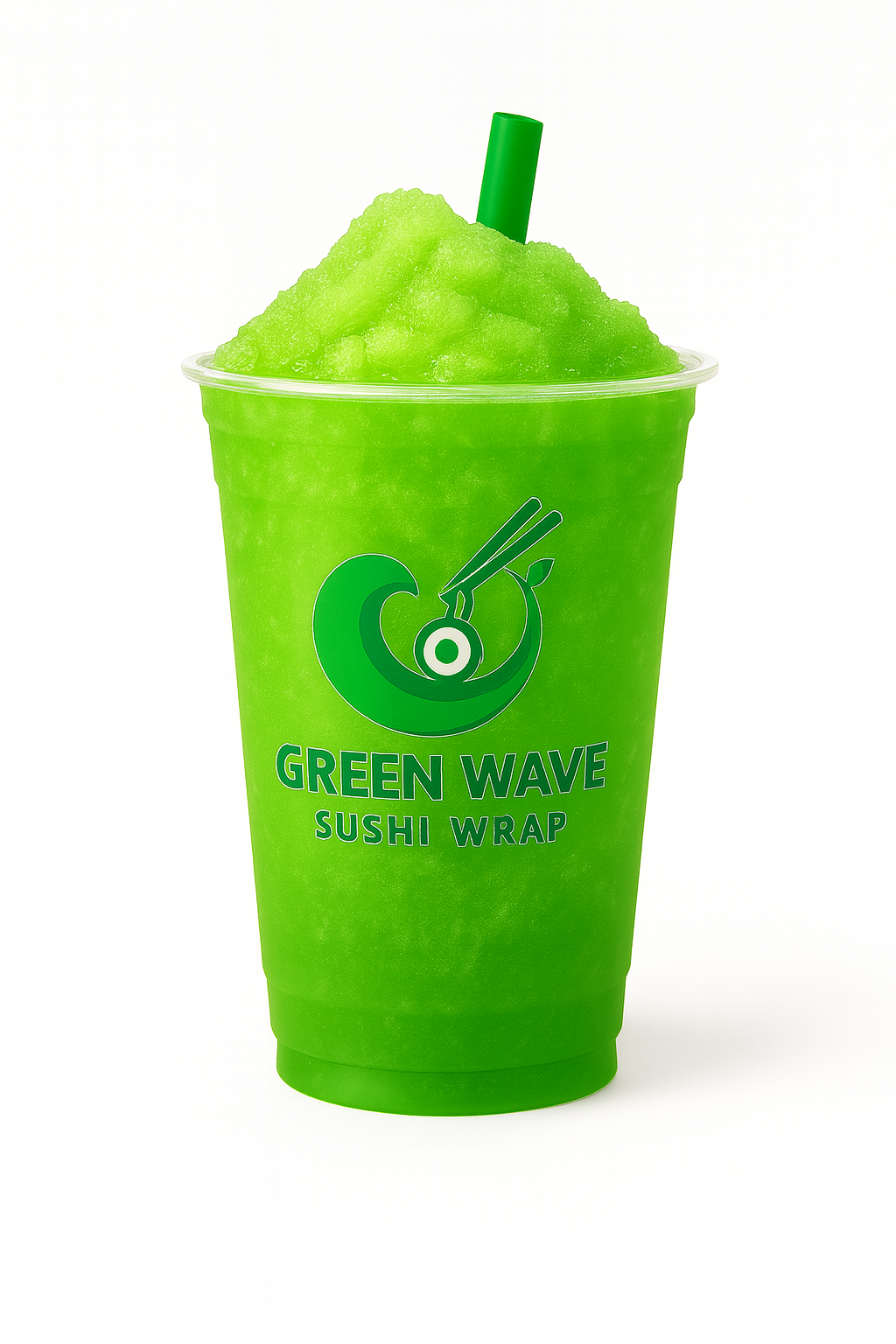Green smoothie in a cup with a straw, branded 'Green Wave Sushi Wrap', on a white background