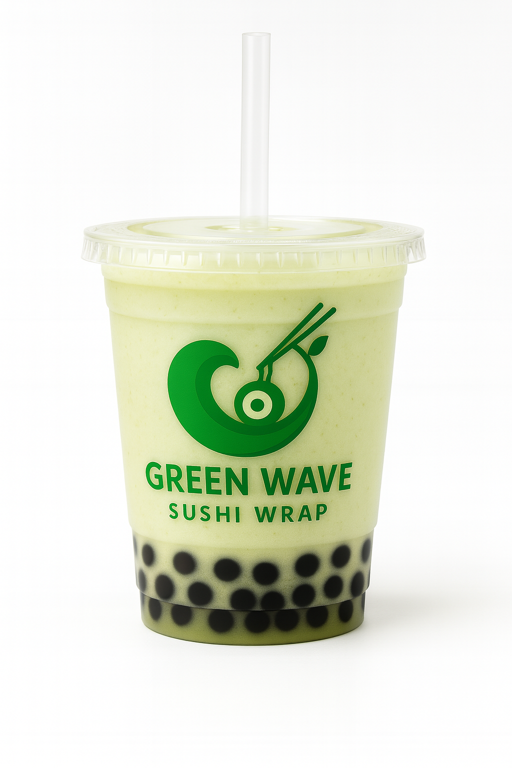 Green Wave Sushi Wrap bubble tea cup with a straw on a white background
