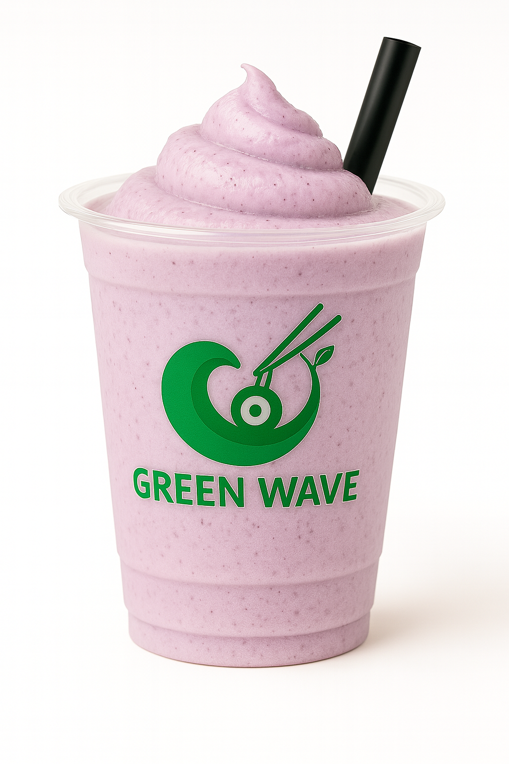 Pink smoothie in a clear cup with a black straw, featuring the 'Green Wave' logo on a white background.