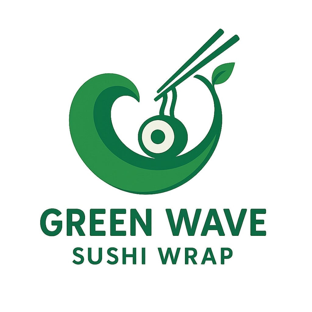 Logo of Green Wave Sushi Wrap with a green wave design and sushi elements on a white background.