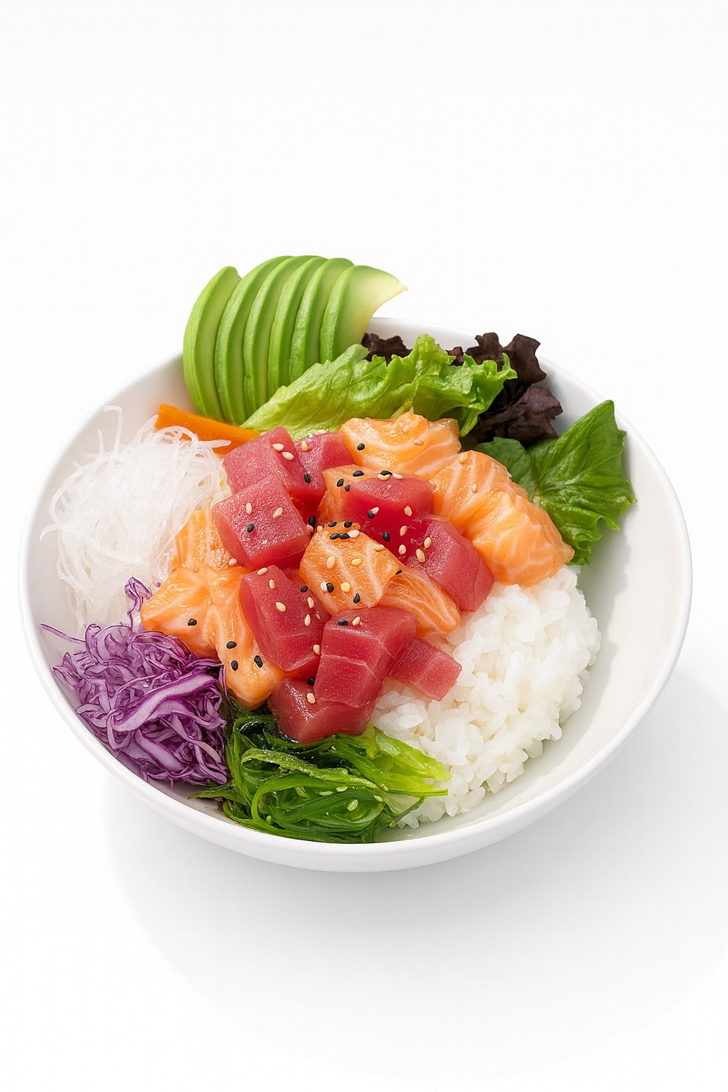 Fresh poke bowl with diced salmon and tuna, sushi rice, avocado, seaweed salad, shredded cabbage, daikon, lettuce, and sesame seeds on a white background 