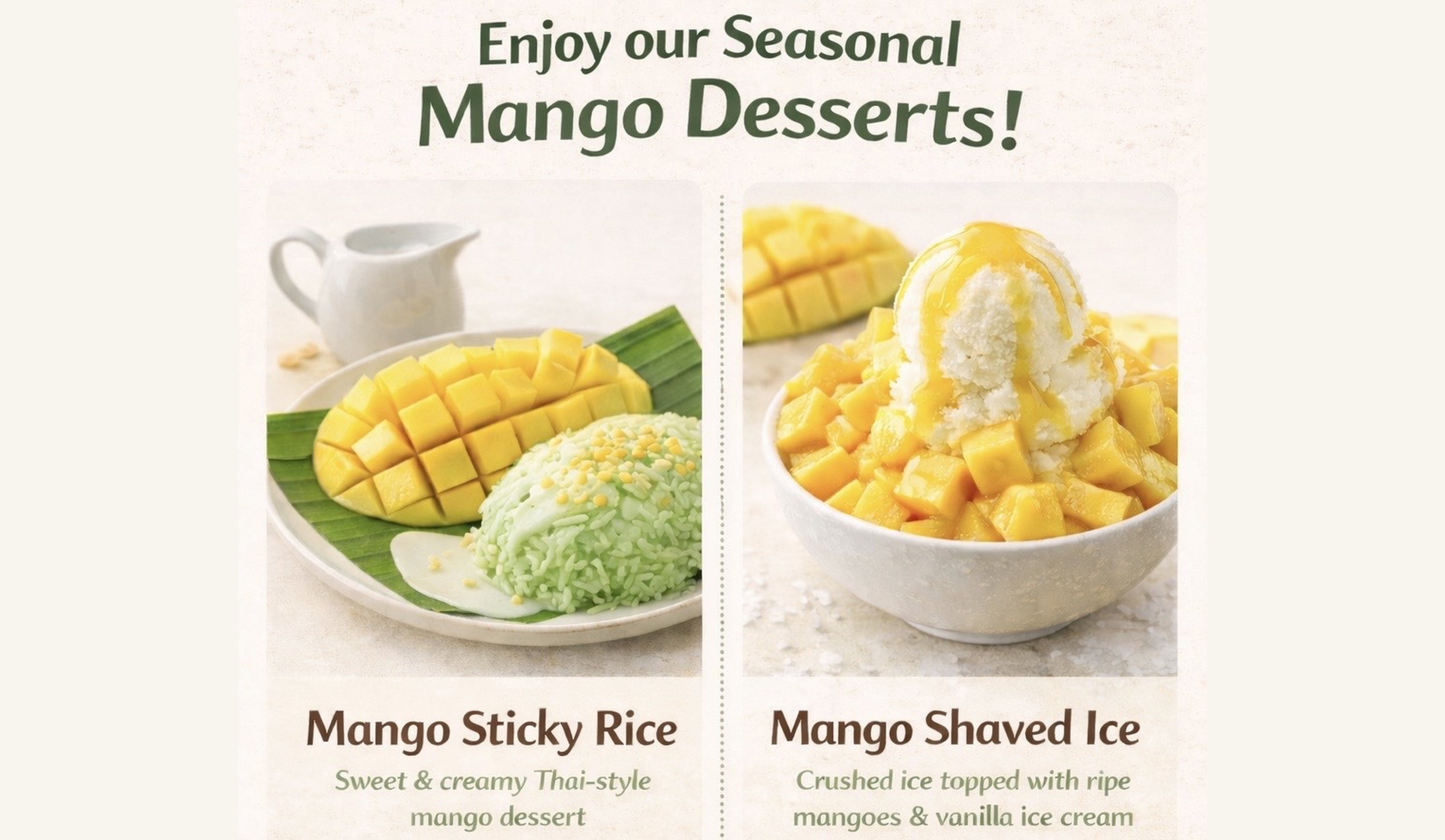 Seasonal mango desserts featuring Mango Sticky Rice and Mango Shaved Ice with ripe mango, sticky rice, and ice cream on plates and bowls.