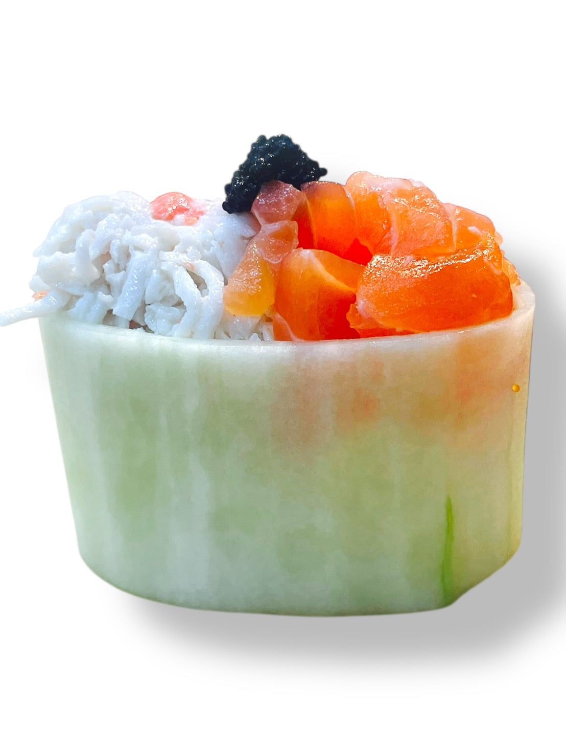 Cucumber filled with rice, imitation crab, salmon in white background 