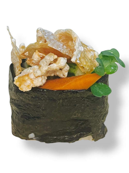Crispy salmon skin gunkan sushi with fresh vegetables, wrapped in seaweed  on a white background