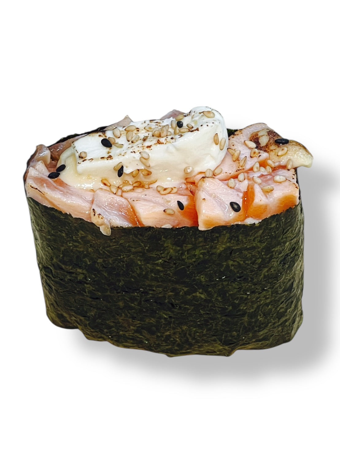 Seared salmon gunkan sushi topped with creamy mayo and sesame seeds, wrapped in crisp seaweed — fresh premium salmon sushi from Green Wave.