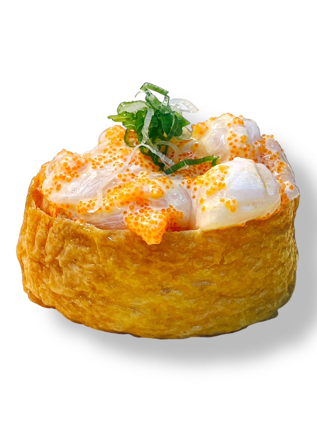 Spicy scallop inari sushi made with fresh scallops mixed in creamy spicy sauce and masago, topped with sliced green onions on a white background